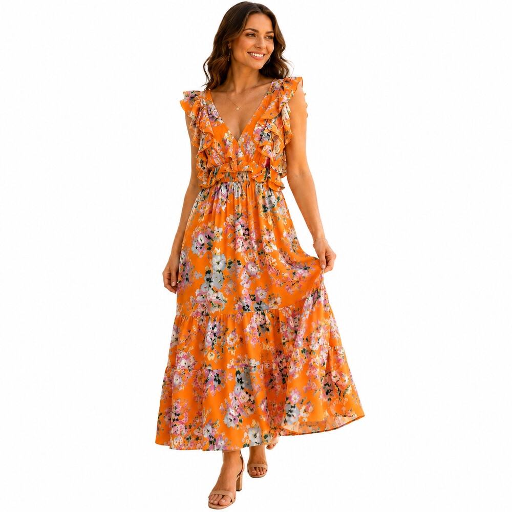 LC Lauren Conrad Orange Floral Ruffle Midi Dress Sz L NWOT